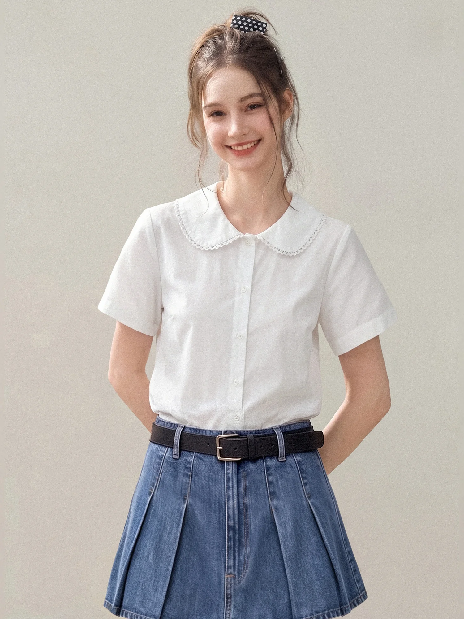 White Ruffle Collar Half Sleeve Shirt Women Summer Loose Slimming Short Sleeve Blouse Doll Collar Top Commute Style Korean Ve...
