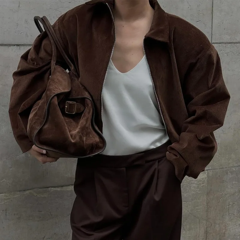 Talenza Autumn Vintage Jacket Coats 2025 New Solid Zipper Plush Brown Casual Jacket Fashion Loose Streetwear Women Coats Outwear