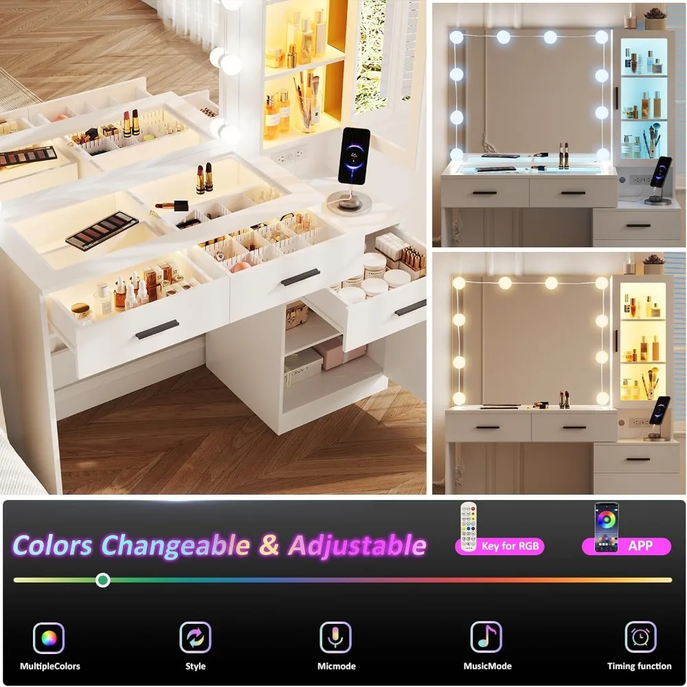 โต๊ะเครื่องแป้งขนาด 43 นิ้ว พร้อมท็อปกระจก, โต๊ะเครื่องแป้งสีขาวพร้อมกระจกและไฟ & แท่นชาร์จ, ชุดโต๊ะเครื่องแป้งพร้อมไฟ RGB