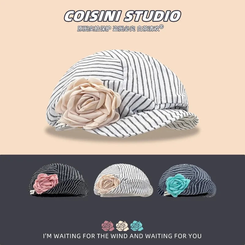 

Korean New Literary Striped Flower Newsboy Cap Women's Spring and Summer Versatile Large Version Pleated Soft Brim Beret Hat