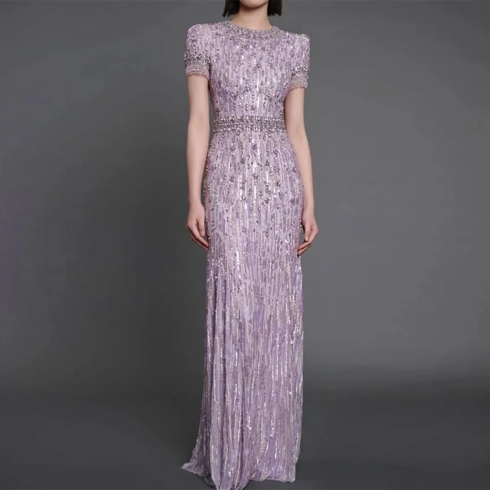 

Exquisite Tulle Sequined and Beading Evening Dress Classic O-Neck Customized Prom Dresses Sparkly Crystal Special Occasion Gowns