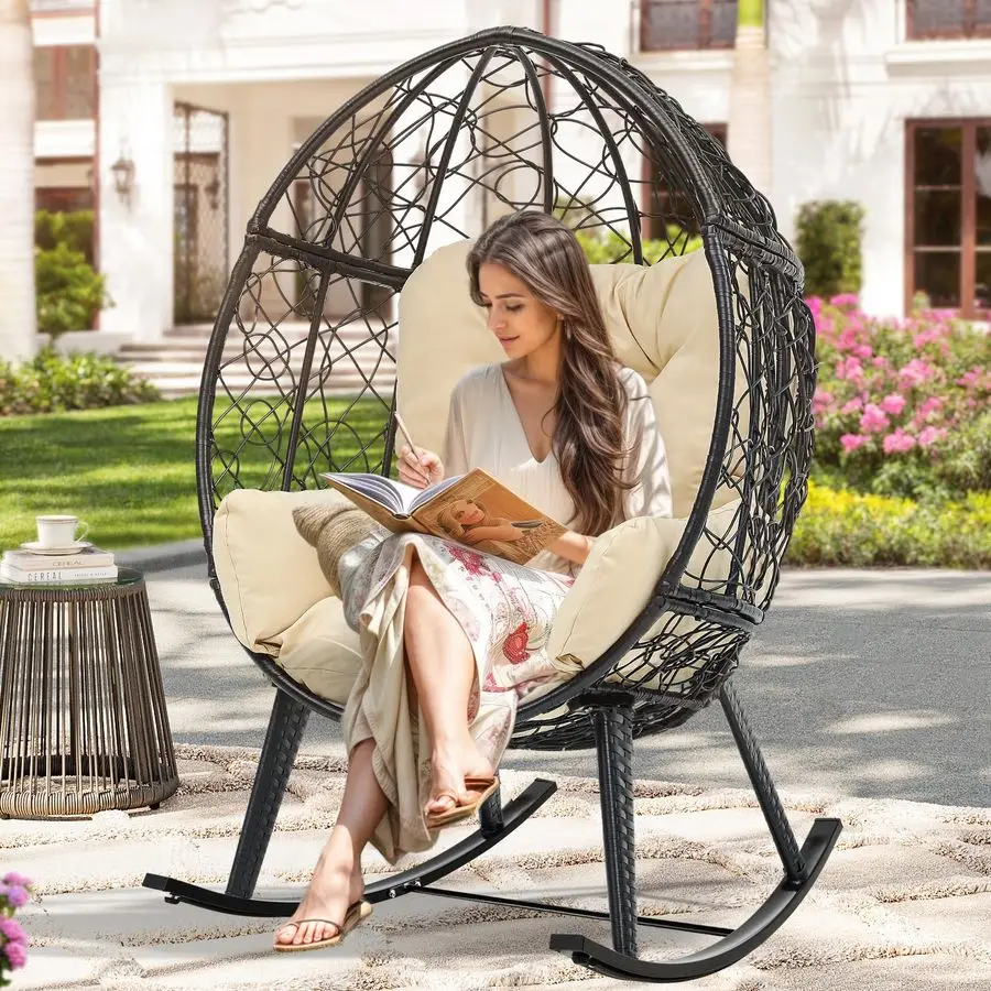 

Outdoor Rocking Egg Chair with Cushioned Comfort, Wicker Patio Rocker 250lb Capacity, AntiSlip, AllWeather Resilient Rattan Desi
