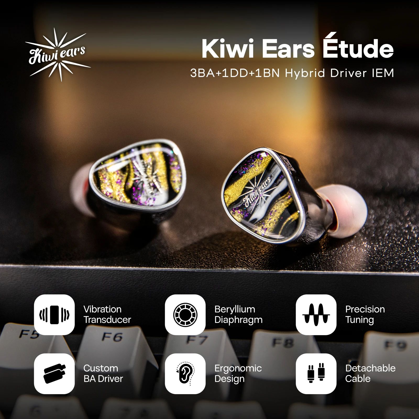 Kiwi Ears Étude Beryllium DD + 3BA + przetwornik drgań Słuchawki HIFI IEM z precyzyjnym strojeniem Przewodowe słuchawki douszne