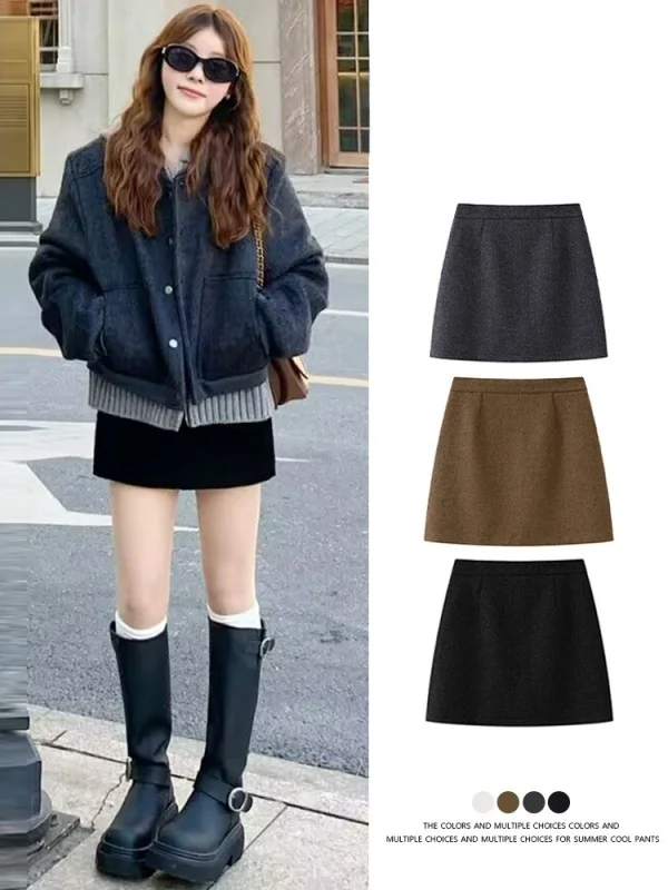 

Юбка А-силуэта с высокой талией, женская, зимняя коллекция 2025, новая, облегающая, короткая, маленького размера, черная, шерстяная