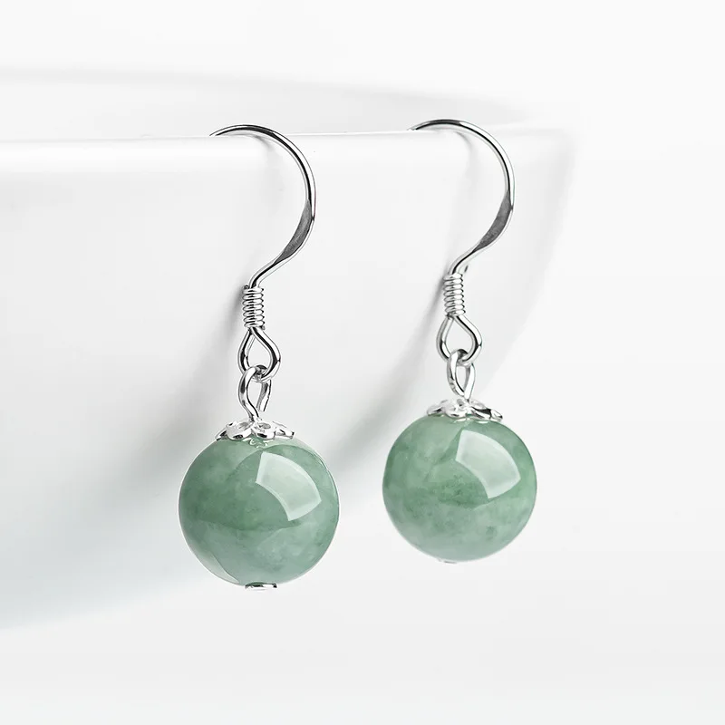 Women's Silver Earrings Green Jade Ball Pendant S925 Sterling Silver Jade Gemstone Earrings Mother Wedding Part Gifts