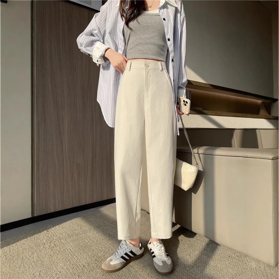 

Женские брюки с высокой талией, прямого кроя, из смесового хлопка, струящиеся, повседневные, длиной 7/8, для невысоких женщин