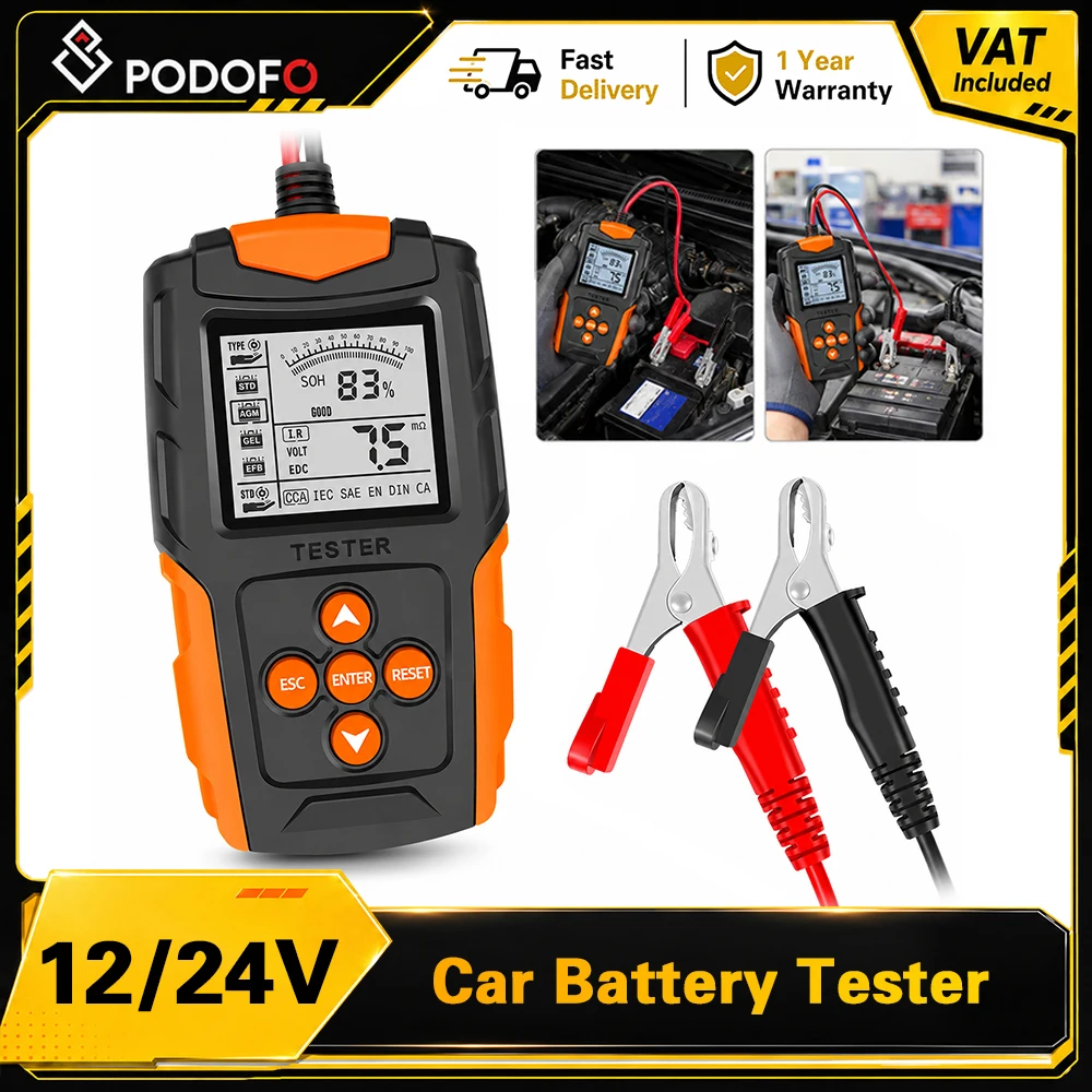Podofo 12V 24V Autobatterie-Tester LCD Digital Fahrzeug-Starter- und Ladeanalysator Testgerät zur Erkennung von IR-Innenwiderstand, Spannung, Entladestrom, Kapazität, SOH, Lebensdauer für Auto,