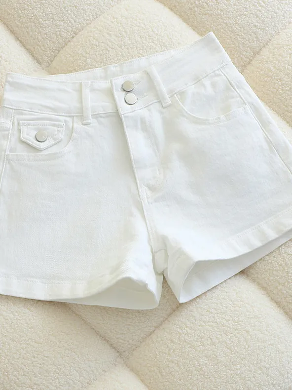 High Waist White Double Buckle Short Jeans Women's Summer Slim Fit A-Line Cuffed Hot Pants Straight Leg Non-Stretchy Jeans