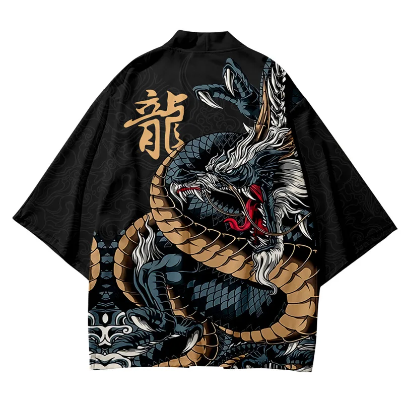 Chinese Dragon Print Yukata Men Women Fashion Cardigan Loose Blouse Haori Obi Asian Clothes Harajuku Japanese Cosplay Kimono