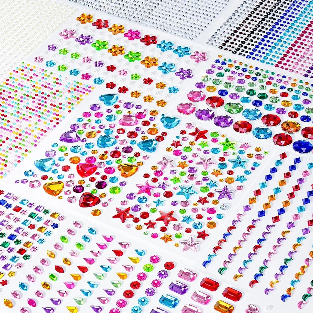3514Pcs Self Adhesive Rhinestone Gem Stickers 10 Sheets Assorted Shapes Acrylic Glitter Jewel Decals Bling Charms Face DIY Craf