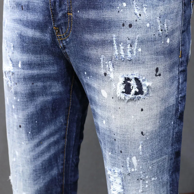 Street Fashion Men Jeans Painted Designer Retro Blue Stretch Slim Fit Brand Ripped Jeans Men High Quality Hip Hop Denim Pants