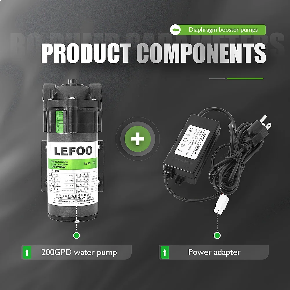 LEFOO 24V DC High Flow RO Booster Pump 200GPD 5 Bar Diaphragm Pump Reverse Osmosis