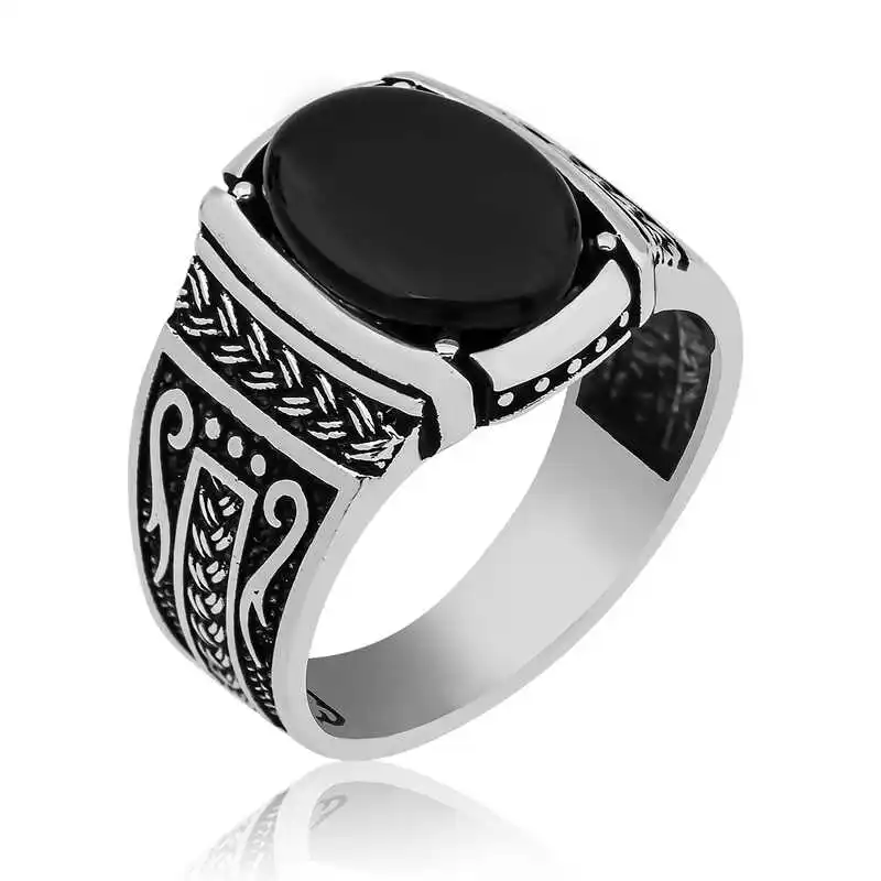 Silver Onyx Stone Knitted Patterned Men's Ring - 925 Sterling Men Jewelry Wedding Party Birthday Gift - Box - Onix Stone - for Man - Fashion - Botiva - Size - Turkish - Patterned Embroidered