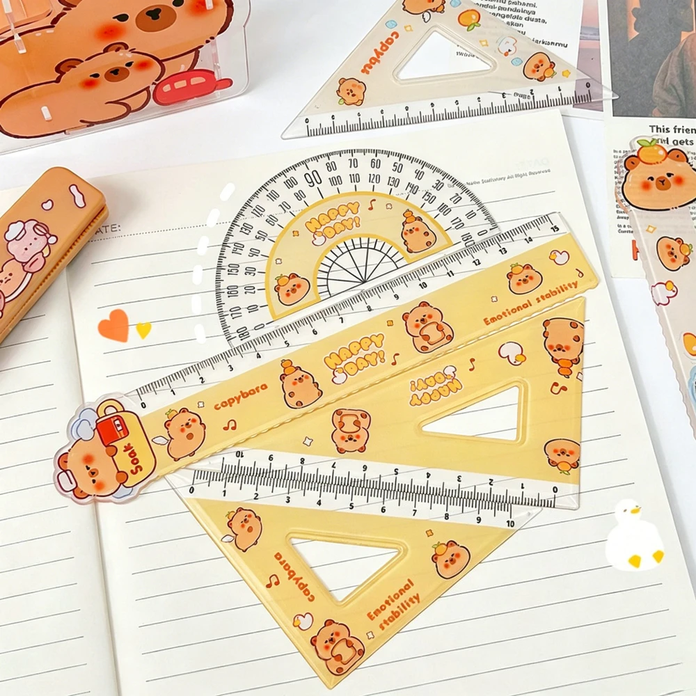 4Pcs Kawaii Capybara Ruler Set Clear Plastic Math Rulers Protractor Triangle Ruler Student Drawing Tools School Office Supplies