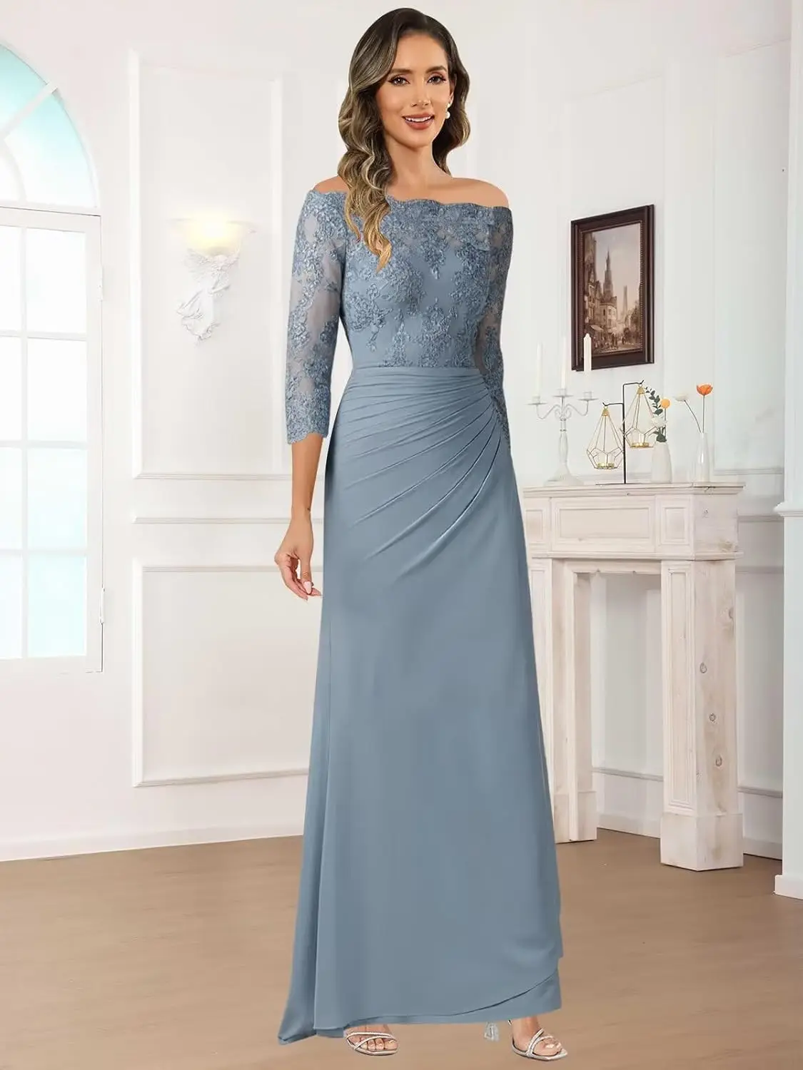 فساتين أم العروس للنساء من الشيفون والدانتيل، فستان رسمي طويل مكشوف الكتفين بأكمام