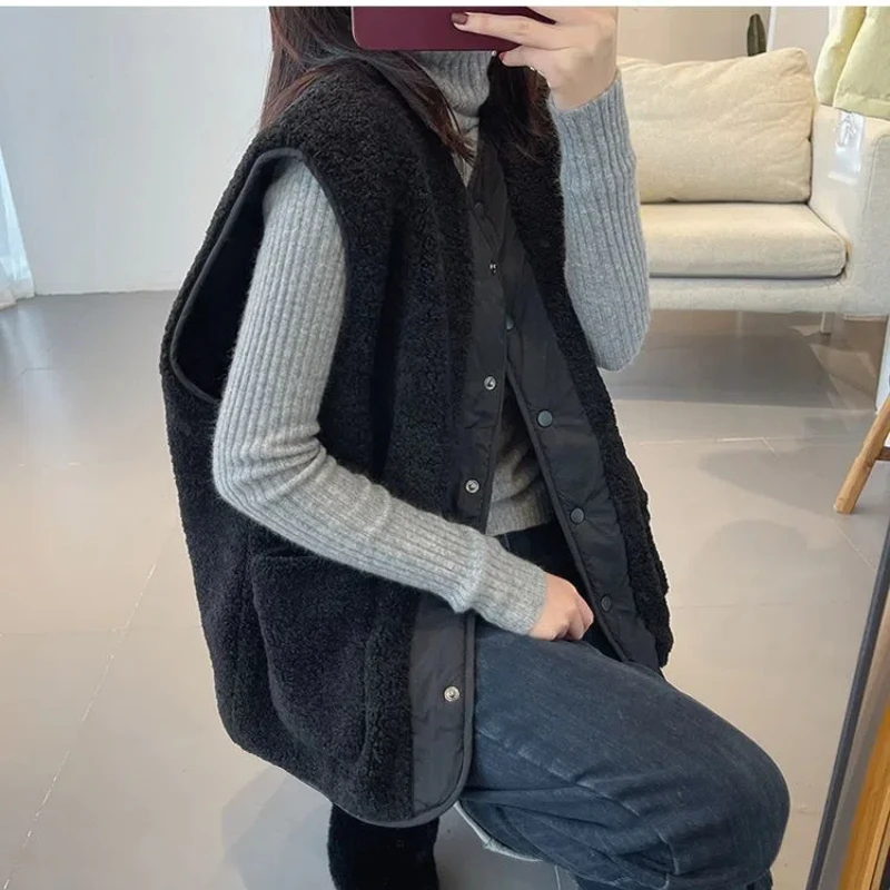 Simplicity Autumn Winter Women O-Neck Solid Button Lamb Wool Down Sleeveless Loose Wear on Both Sides Cardigan Coats Vest Tops