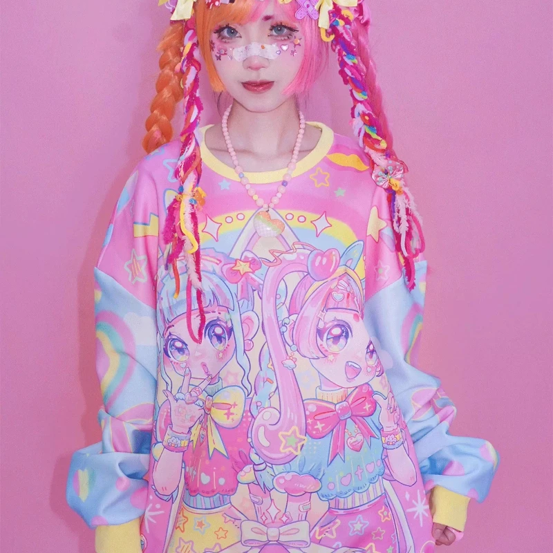 Design originale giapponese colorato cartone animato anime stampa pullover lunghi da donna autunno dolce fresco versatile felpa dimagrante