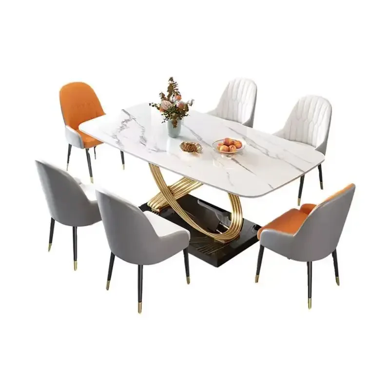 

Легкий роскошный обеденный стол из каменной плиты и стулья в комплекте, современный простой прямоугольный набор для дома, отеля или ресторана.