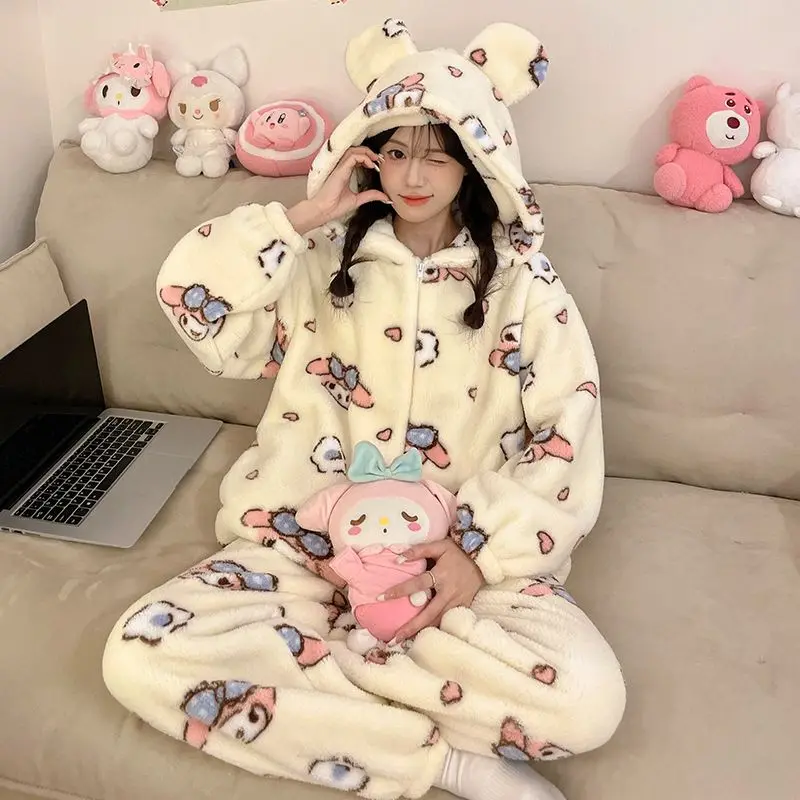

Горячий зимний утепленный пижамный комплект Sanrio Girl из кораллового флиса с капюшоном Kawaii My Melody Student, теплая одежда на молнии для отдыха на выходе