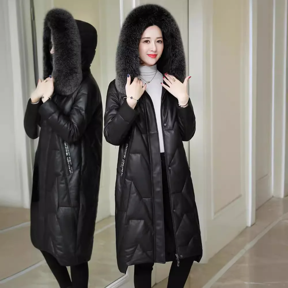 

Haining Sheepskin Down Coat Women's Mid length Fox Fur Grass Hooded 2024 Winter New Genuine Leather Coat