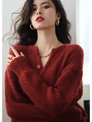 Vintage Senior Red Fried Dough Twists Sweater Women's Autumn And Winter New Round Neck Design Knitted Cardigan Top