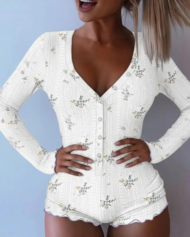 Women's Jumpsuit New Fashionable Casual Style Floral Print V-Neck Button Up Front Waist Cinched Tight Long Sleeved Jumpsuit