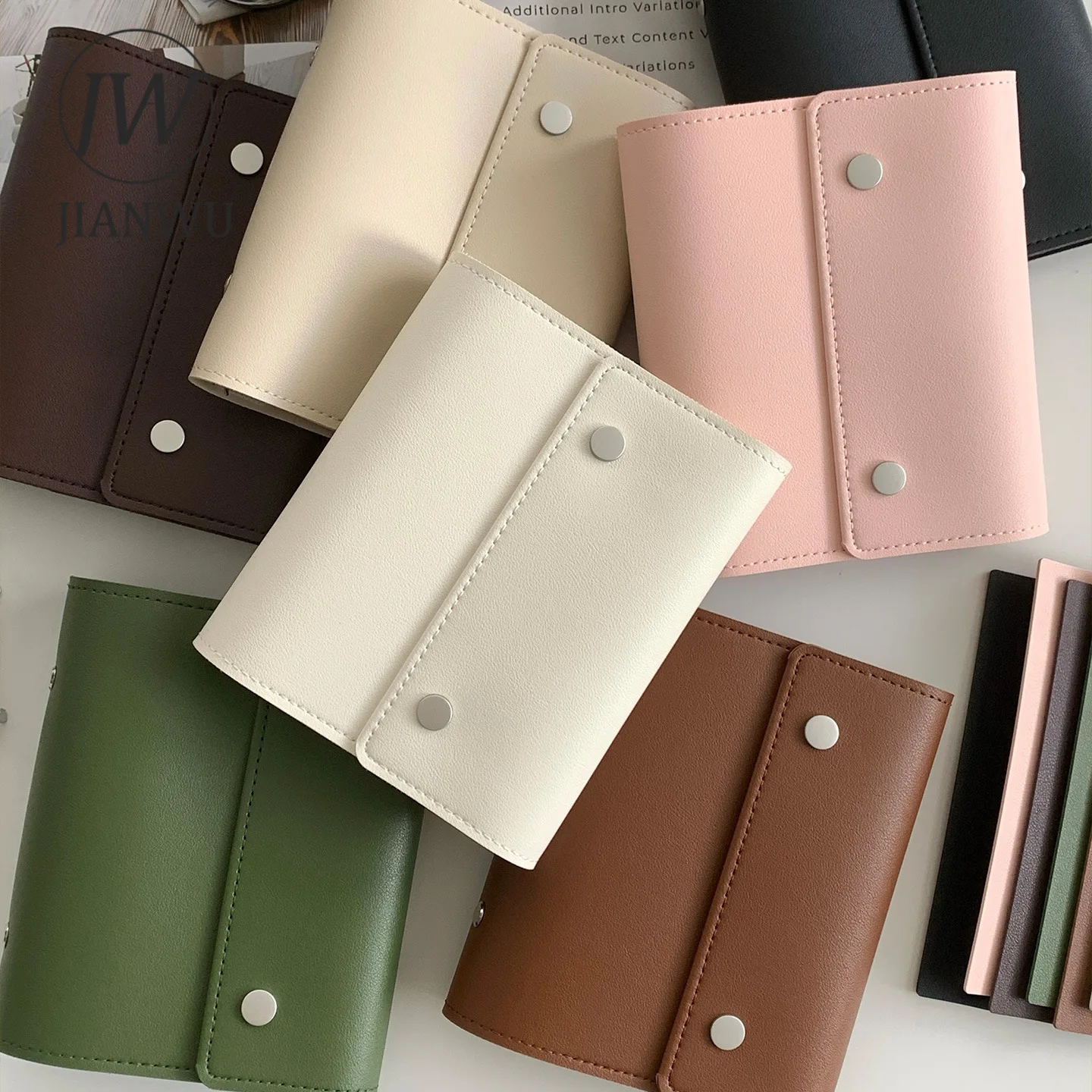 JIANWU A6 Vintage Three-fold PU Leather Material Collage Snap Loose-leaf Notebook Creative Journal Student Supplies Stationery