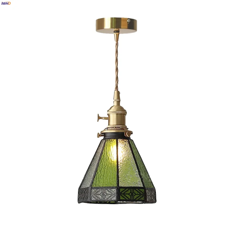 

IWHD Loft Green LED Pendant Lights Kitchen Dining Room Decoration Copper Knob Switch Tiffany Glass Handcraft Hang Lamp Hanglamp