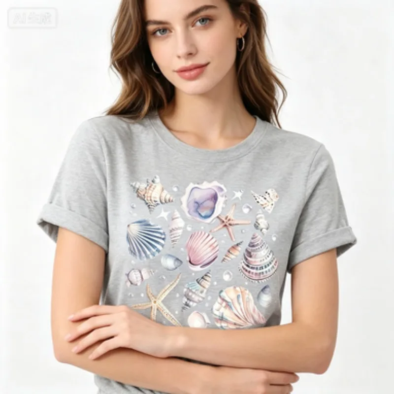 Ocean Beach Women Tshirt Colorful Seashell Starfish Print Crewneck Short Sleeve Tee Summer Vacation Casual Ladies Wear Tops