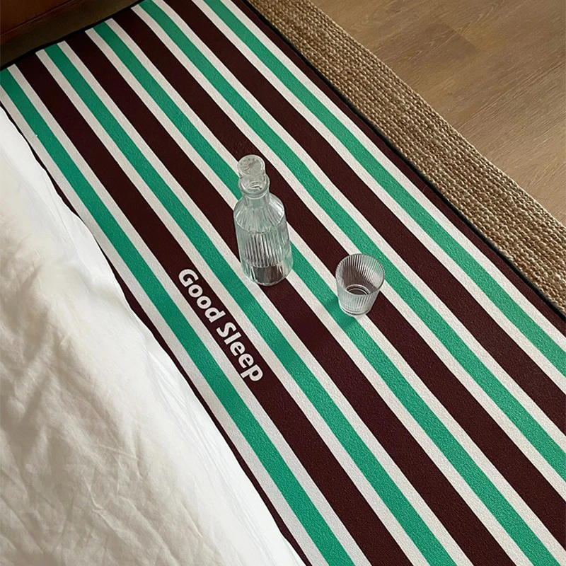 

Bedroom Carpet Non-slip Soft Comfortable Bedside Rug Green Brown Stripes Long Size Floor Mat Minimalist Home Decoration Mats