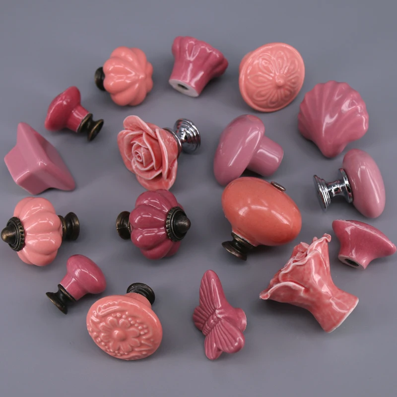 1PCS Ceramic Cabinet Knob Kitchen Cupboard door Furniture Drawer Handles Pulls Pink Heart flower pumpkin butterfly Shape knobs