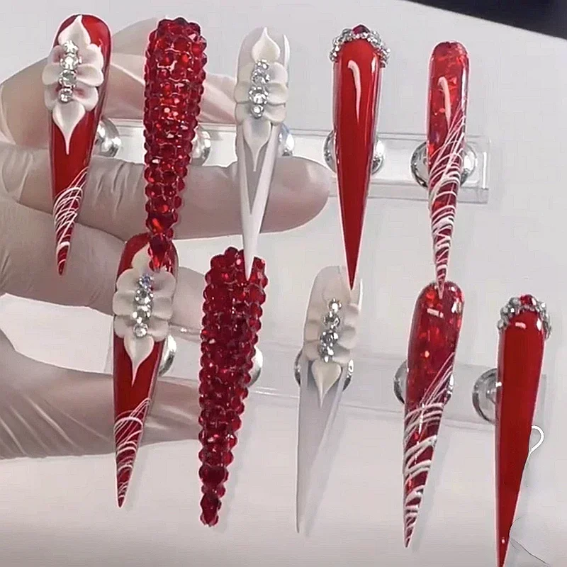 

10PCS Handmade 5CM Long Stiletto Press On Nails Flower Acrylic False Nails Tips Red Fake Nail With Glue Stickers Nail Supplies