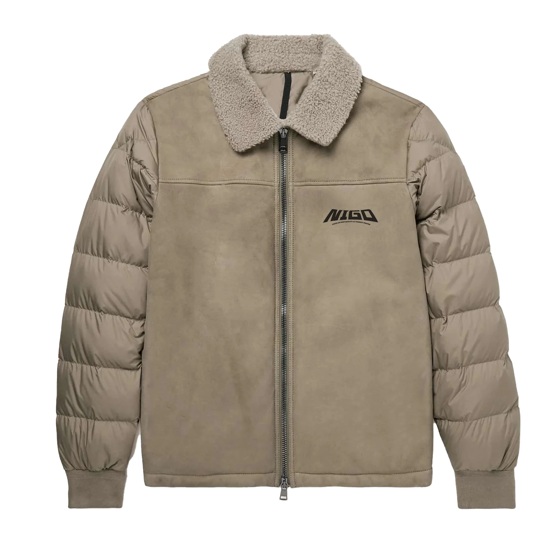 

NIGO Мужская замшевая стеганая куртка из нейлона, воротник шерпы с логотипом и принтом на молнии, зимняя теплая стандартная посадка # NIGO9321Z