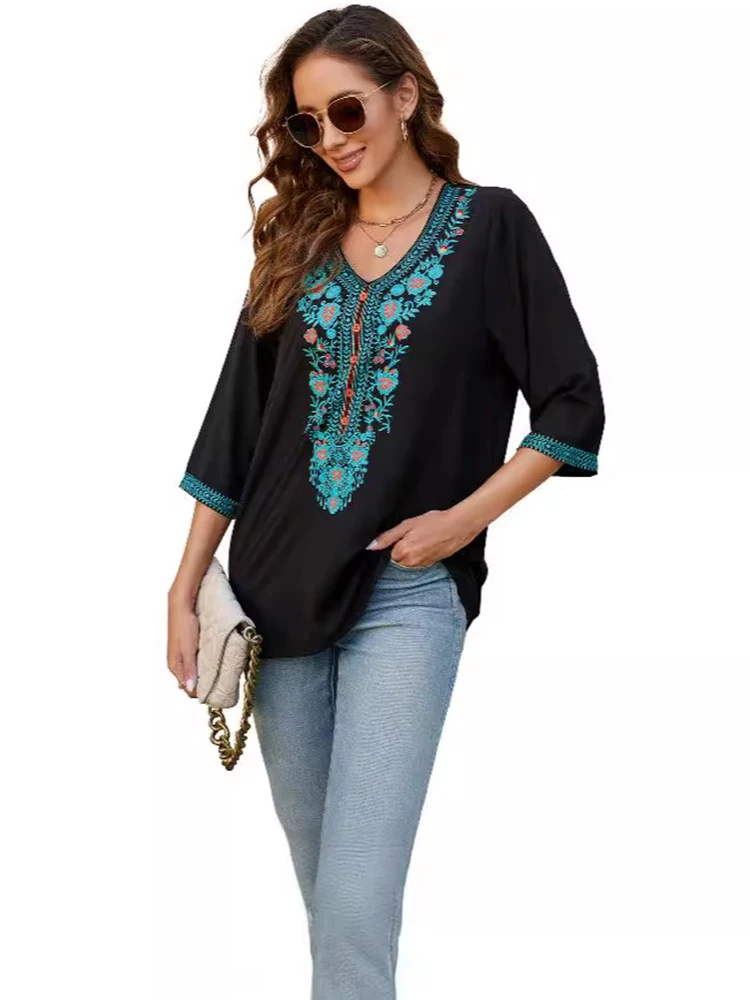 KHALEE YOSE Black Floral Embroidery Blouses Shirt V-neck Loose Ukraine Summer Boho Hippie Boho 23xl Ethnic Chic Shirt Women Top