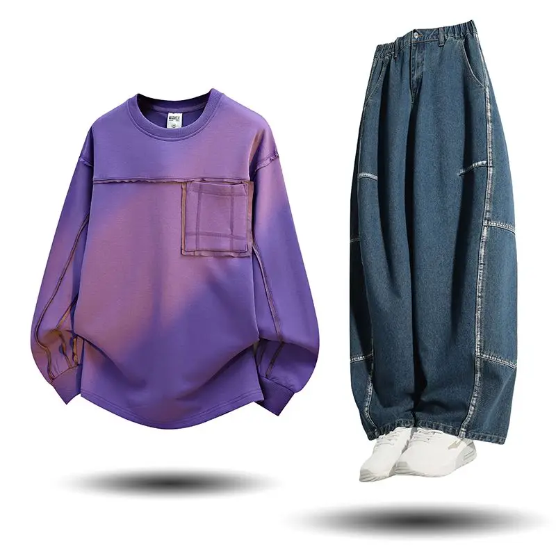 2025年秋冬メンズトラックスーツカジュアルラウンドネックプルオーバースポーツウェアと万能パンツ2ピースセットヒップホップスーツ大きいサイズ