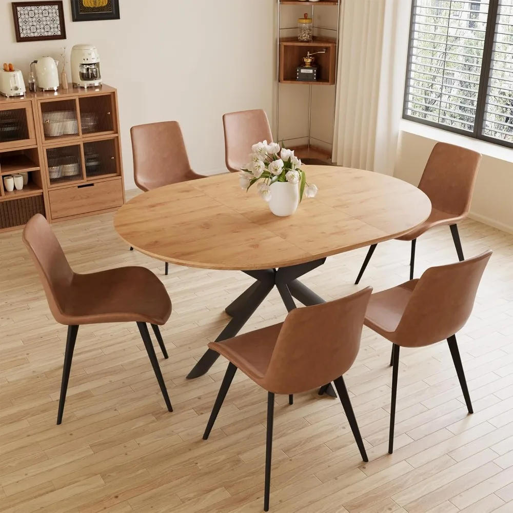

43.2"-59.1" Extendable Round Dining Table Set, Mid Century Wooden Round Kitchen Table, Oak Coffee Table for 4-6 Person,PU Leathe