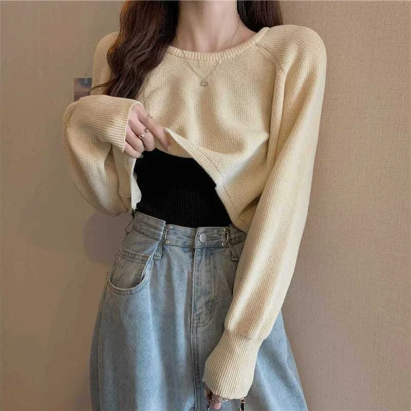 

Women Autumn Long Sleeve Knit Crop Top O-Neck Solid Color Loose Cutout Sweater P8DB