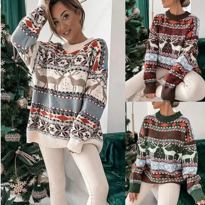 

Women Sweater O-Neck Long Sleeve Sweater Casual Street Fashion Style Christmas Elk Deer Snowflake Pattern Jacquard Weave Sweater