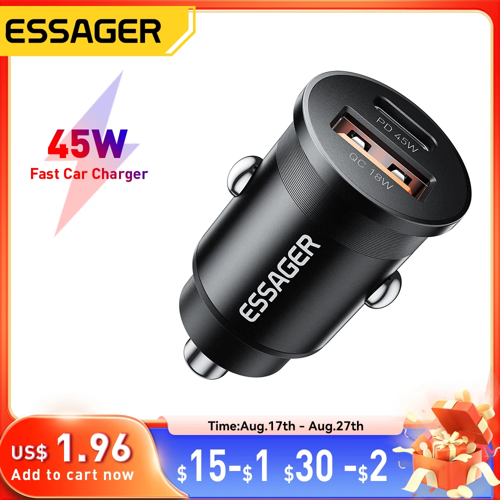 Essager 45W Car Charger Fast Charging Dual Port  PD QC3.0 Type-C Quick Charger for iPhone 16 15 14 Samsung Xiaomi Huawei Oppo
