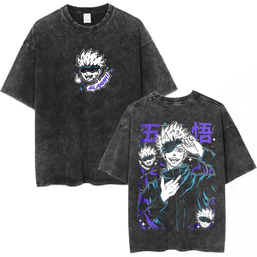 Anime Jujutsu Kaisen Gojo Satoru Graphic Vintage Washed T-shirts Men Women Short Sleeve T Shirt Fashion Casual Cotton T-Shirt