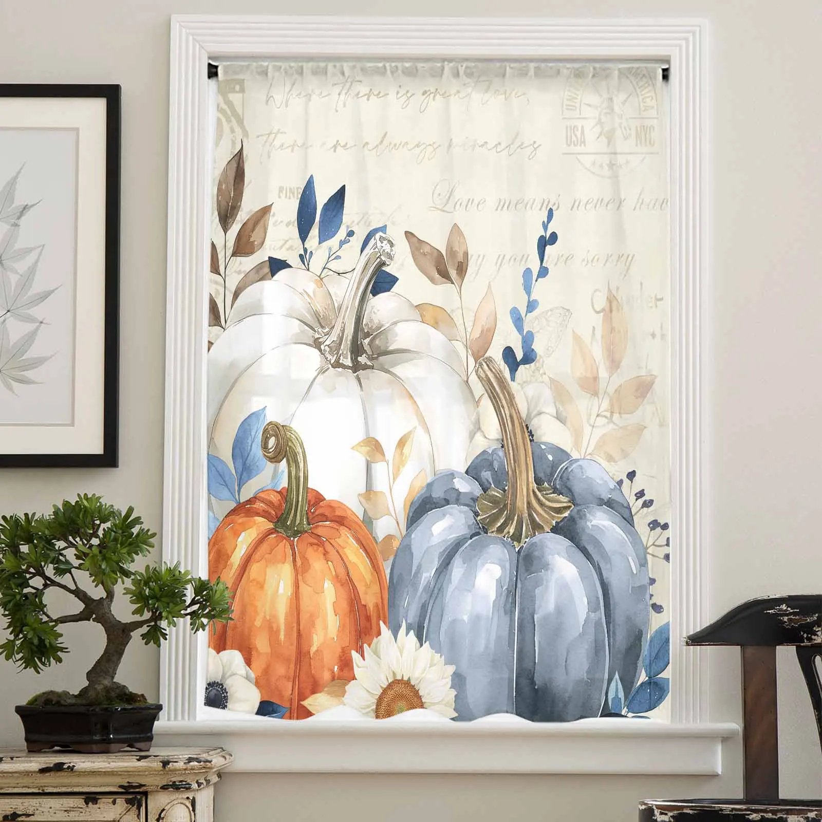 Thanksgiving Autumn Leaf Pumpkin Sheer Curtains for Living Room Bedroom Window Treatment Kitchen Chiffon Curtain