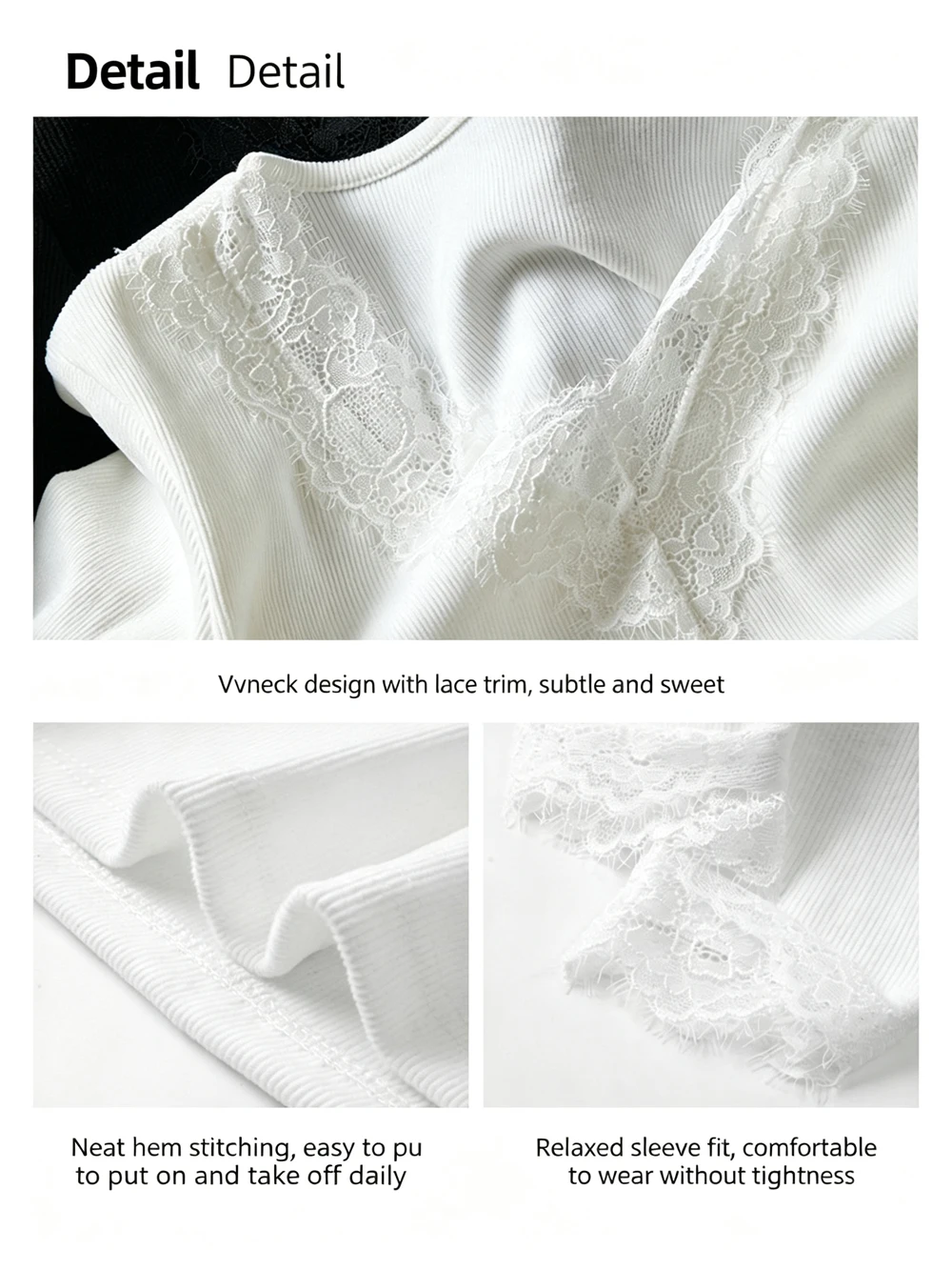 Elegante Damen-T-Shirts mit Spitzenbesatz, V-Ausschnitt, langen Ärmeln, schlichtem Design, schmaler Passform, integrierten Schulterträgern, als Basis-T-Shirt für Herbst und Winter, zum Tragen in Schichten, Unterhemd. – Detail 5