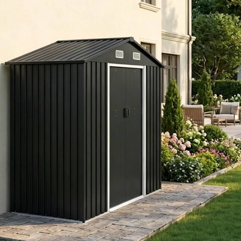 Outdoor Storage Shed Waterproof Metal Garden Tool Shed with Lockable Door and Two Windows, Large Backyard Utility