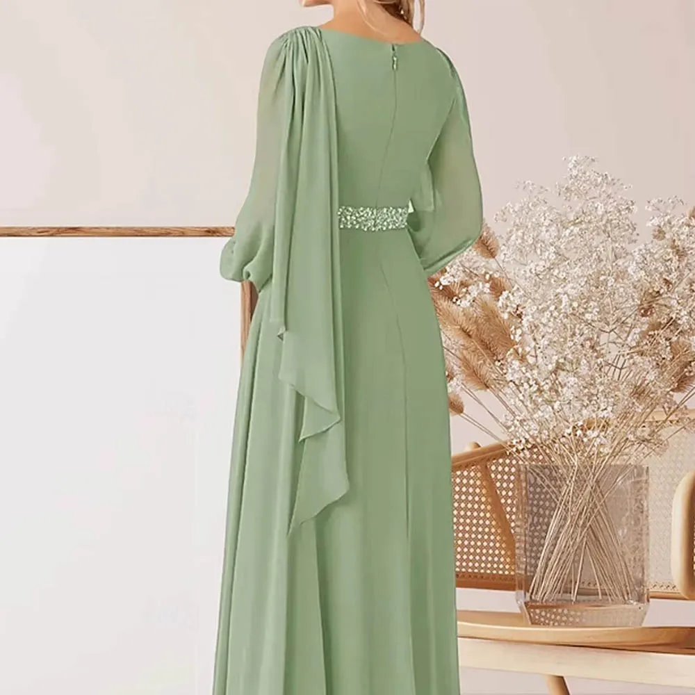 Customized Elegant A-Line Mother of Bride Dresses Chiffon Dress Jewel Neck Floor Length Long Sleeves Wedding Party Dresses