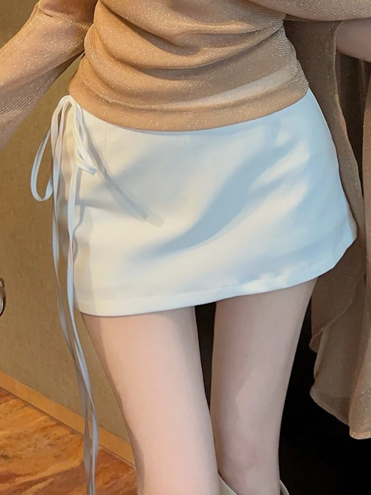 Fashionable Spicy Girl Side Drawstring Patchwork Design Short Skirt Slimming Outerwear High Waist A-Line  Skirt