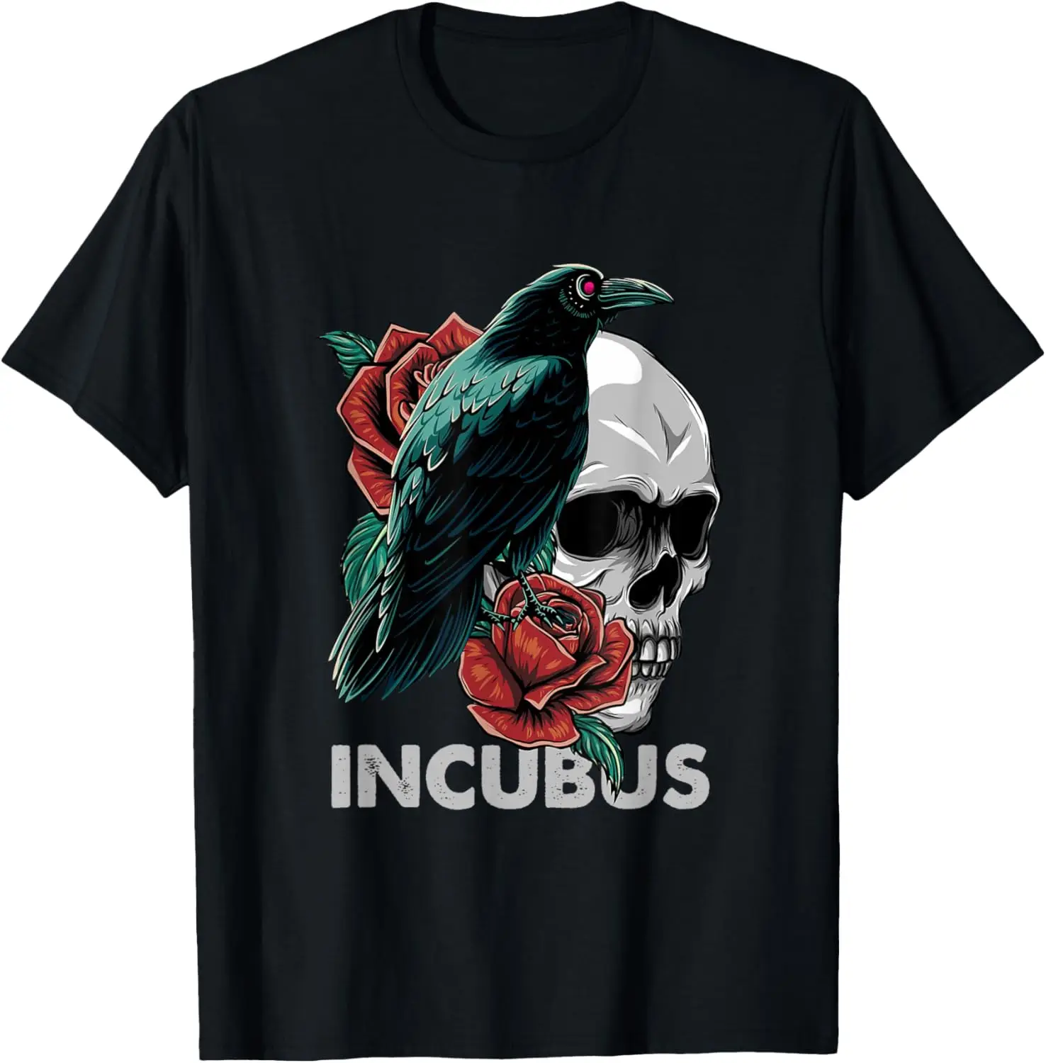 Halloween Graphic Incubus-Crow Left Skull Morning And Flower T-Shirt