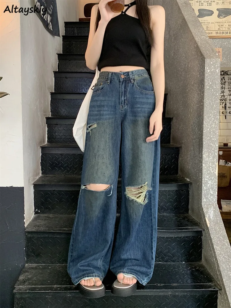 New Jeans Women Holes Autumn Loose High-waist Ripped Pockets Design Faddish Streetwear Creativity Temper Girls Ulzzang Trousers