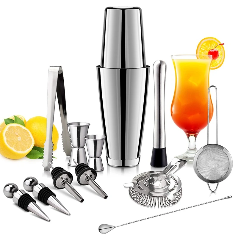 

13Pcs/Set Stainless Steel Cocktail Shaker Ice Tong Mixer Drink Boston Bartender Browser Kit Bars Set Professional Bar Tools