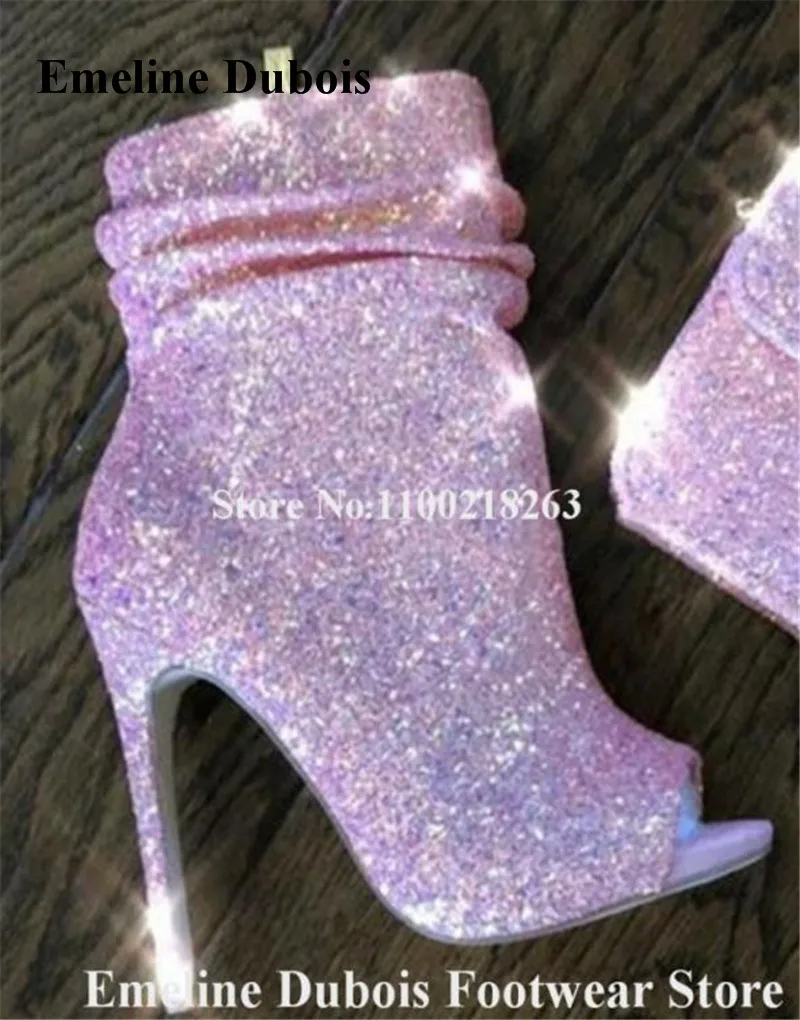 

Bling Bling Glitter Ankle Boots Emeline Dubois Shining Peep Toe Silver Pink Spike Stiletto Heel Short Boots Event Party Shoes