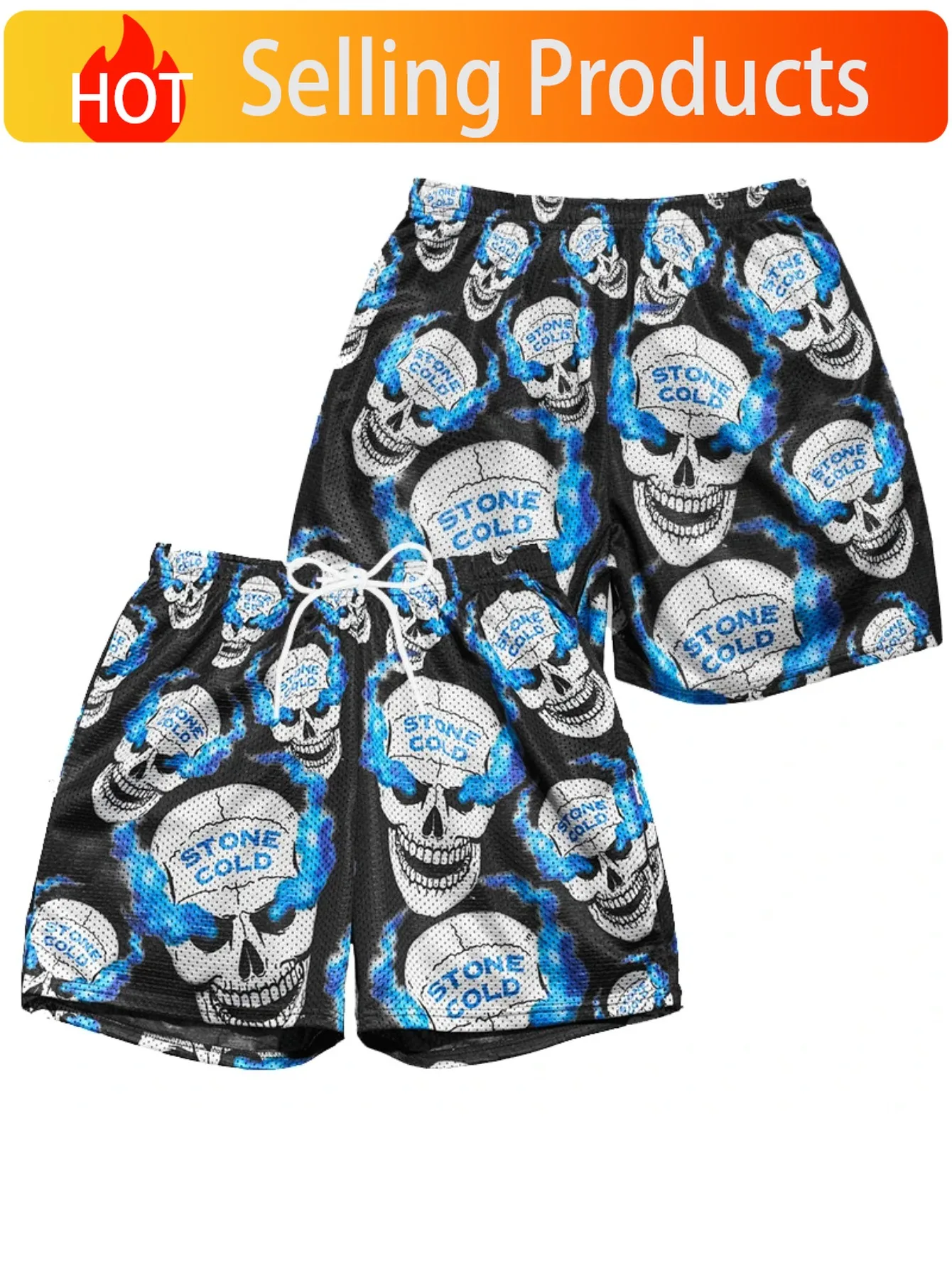 Vintage Cool Blue Flame Skull Mesh Shorts, Men'S Black Street Style Sports Shorts, Running, Gym, Fitness, Breathable Training Me